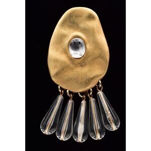 DKNY Vintage Brushed Gold Pin Brooch Clear Lucite Cabochon Dangle Signed BinBK